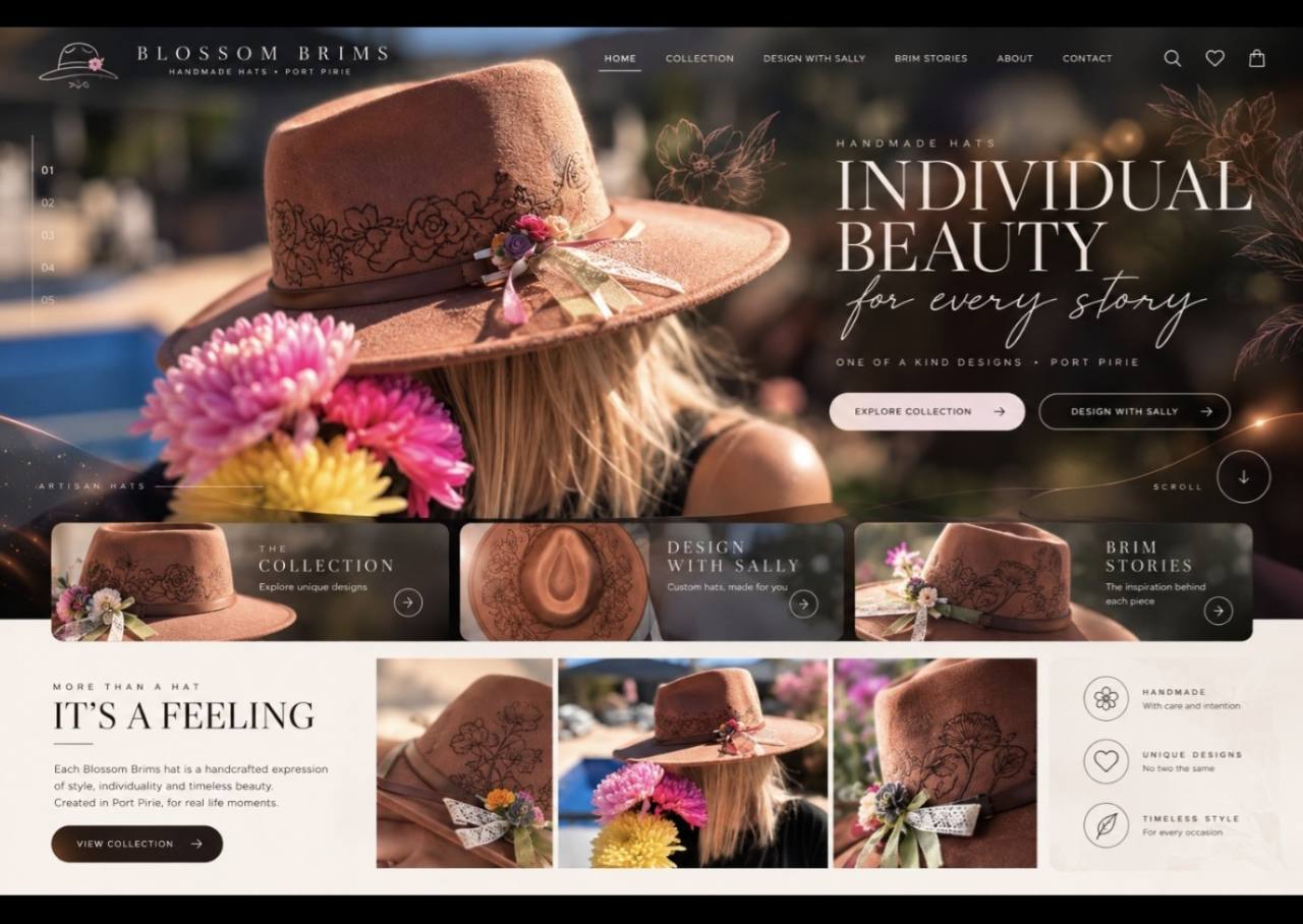 Blossom Brims website design: a floral handmade hat, collection and custom-design sections in warm pink and brown tones.